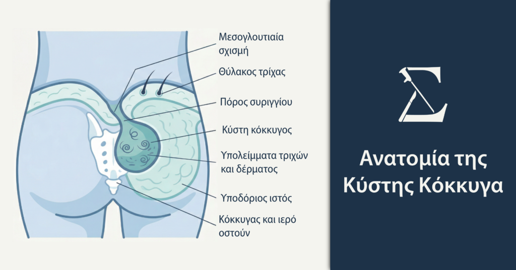 Ιατρική εικονογράφηση που δείχνει την ανατομική θέση της κύστης κόκκυγος στην ιερολαγόνια περιοχή