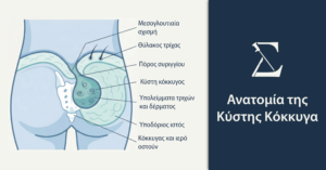 Ιατρική εικονογράφηση που δείχνει την ανατομική θέση της κύστης κόκκυγος στην ιερολαγόνια περιοχή