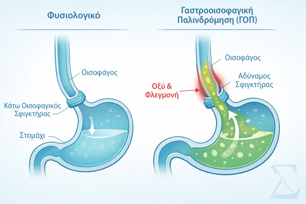 Ιατρική εικονογράφηση της γαστροοισοφαγικής παλινδρόμησης δείχνοντας φυσιολογικό σφιγκτήρα και χαλαρωμένο σφιγκτήρα με παλινδρόμηση οξέος