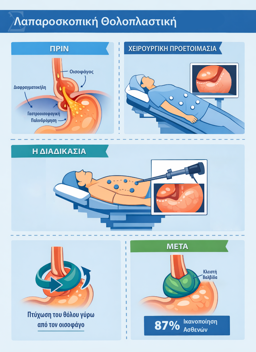 Εκπαιδευτικό διάγραμμα λαπαροσκοπικής θολοπλαστικής δείχνοντας βήματα της διαδικασίας πριν και μετά.