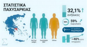 Ελληνικός χάρτης με στατιστικά παχυσαρκίας δείχνοντας 32,1% ενηλίκων και τρία σιλουέτες σωμάτων αντιπροσωπεύοντας BMI κατηγορίες με ευρωπαϊκά δεδομένα